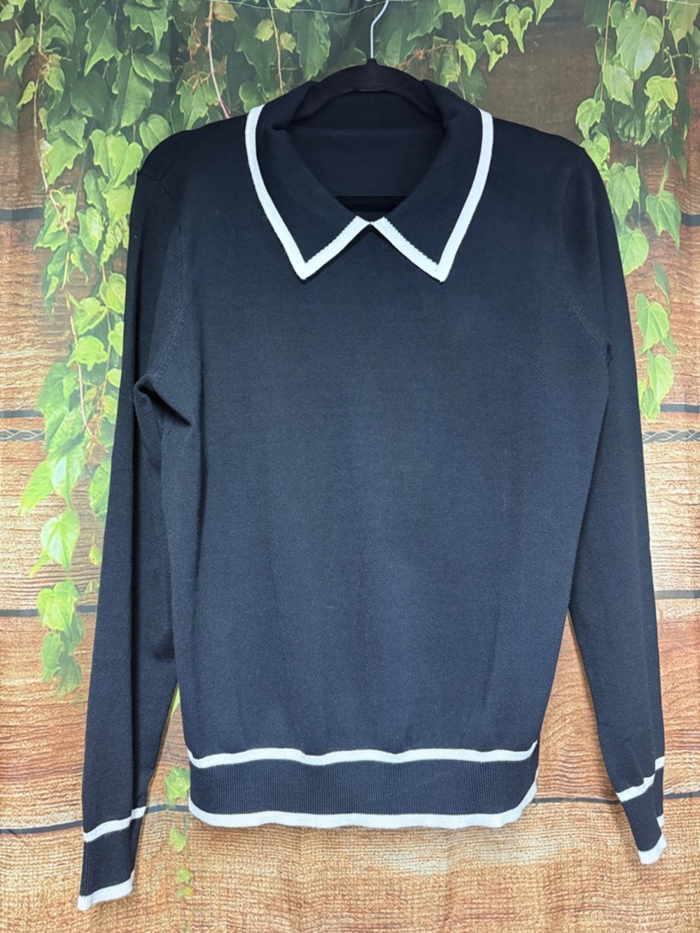 🆕Black Lightweight  Sweater with White Trim Collared Knit Top